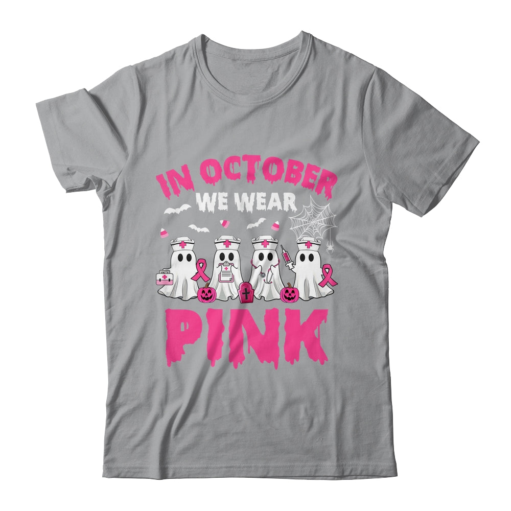 In October We Wear Pink Nurse Ghost Halloween Breast Cancer Shirt & Hoodie | teecentury
