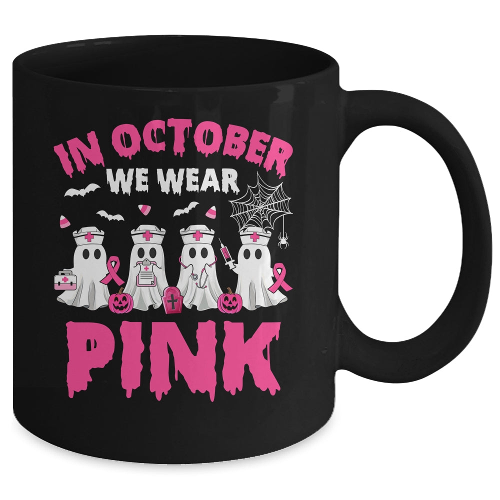 In October We Wear Pink Nurse Ghost Halloween Breast Cancer Mug | teecentury