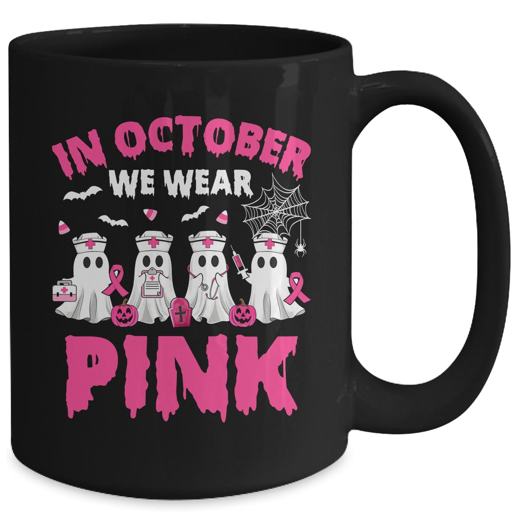 In October We Wear Pink Nurse Ghost Halloween Breast Cancer Mug | teecentury