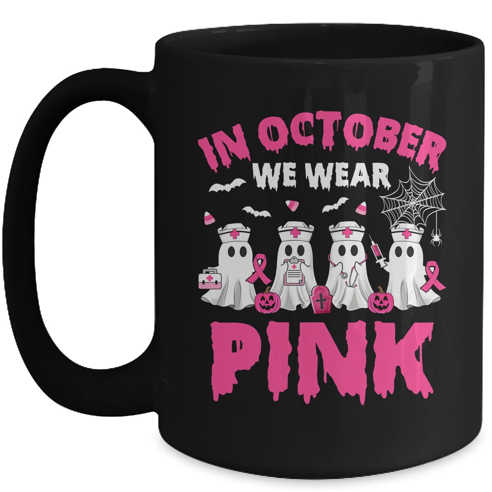 In October We Wear Pink Nurse Ghost Halloween Breast Cancer Mug | teecentury