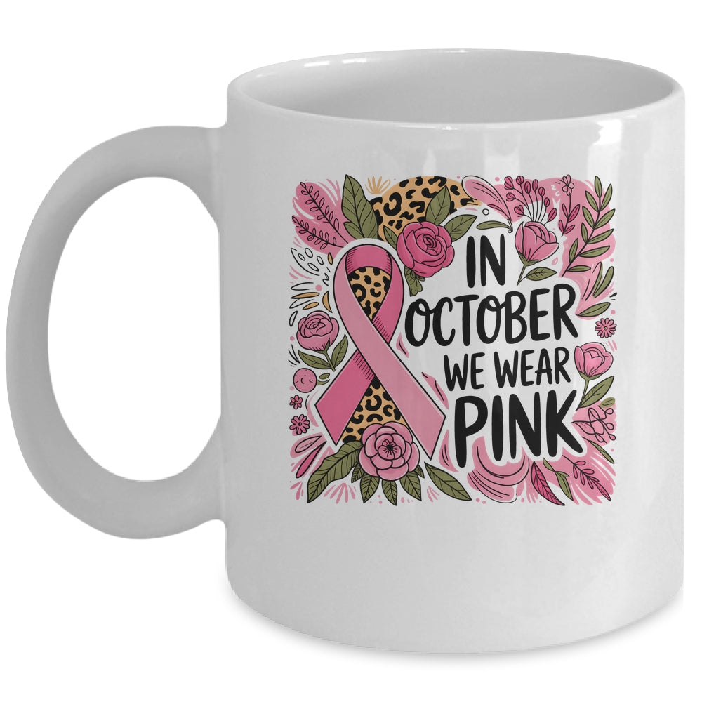 In October We Wear Pink Preppy Breast Cancer Boho Flower Mug | teecentury