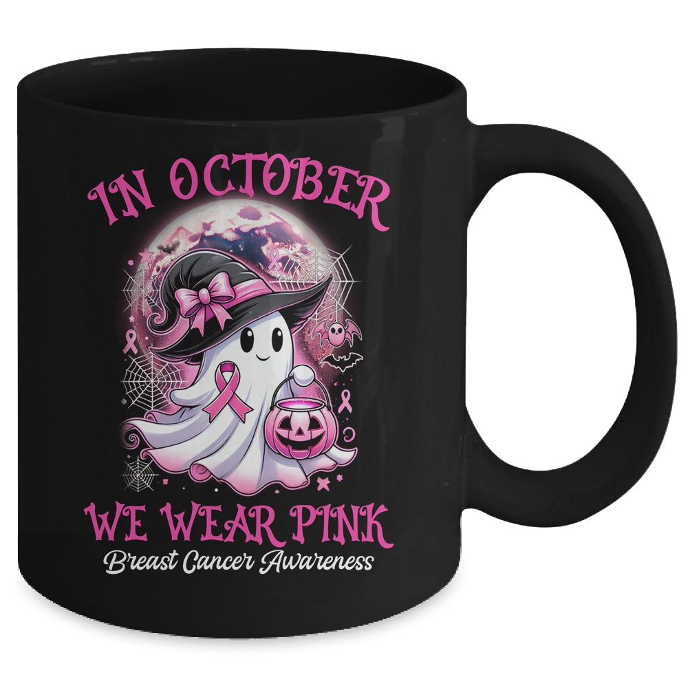 In October We Wear Pink Witch Ghost Breast Cancer Awareness Mug | teecentury