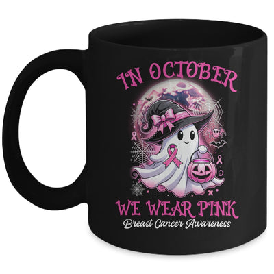 In October We Wear Pink Witch Ghost Breast Cancer Awareness Mug | teecentury