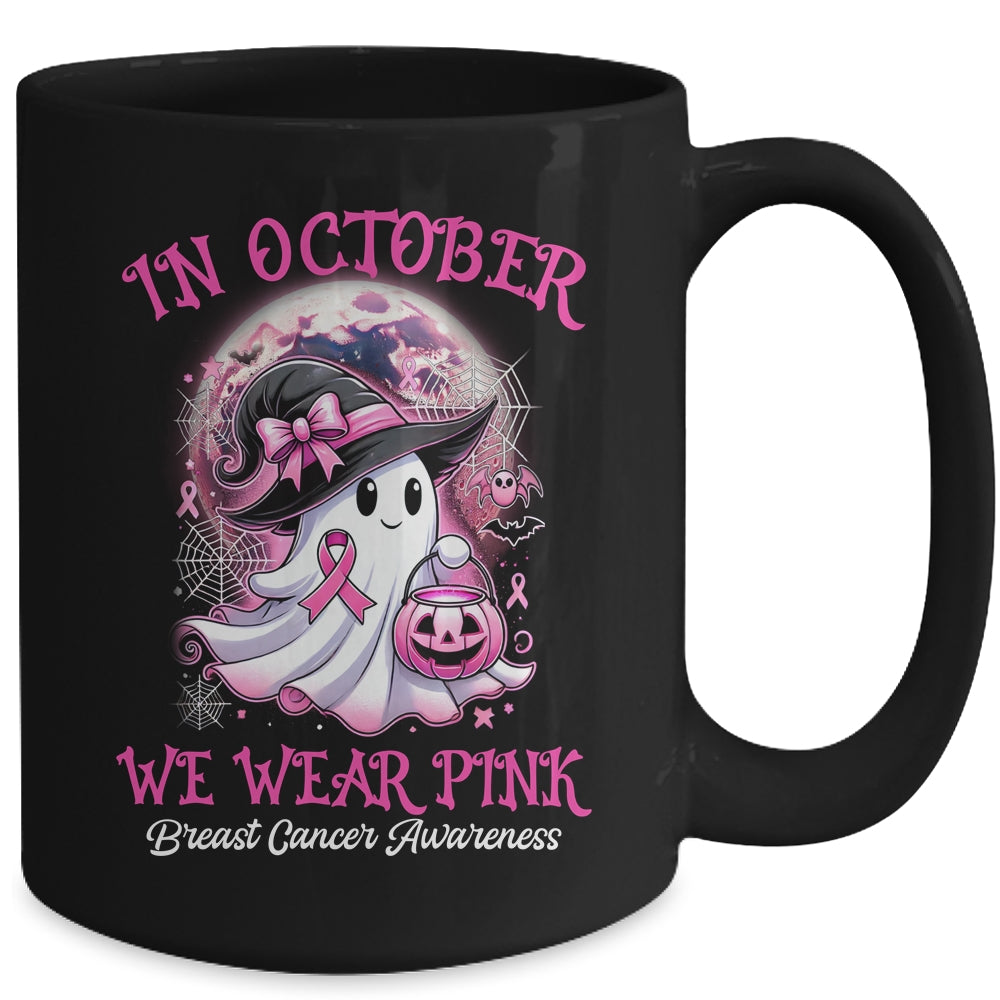 In October We Wear Pink Witch Ghost Breast Cancer Awareness Mug | teecentury