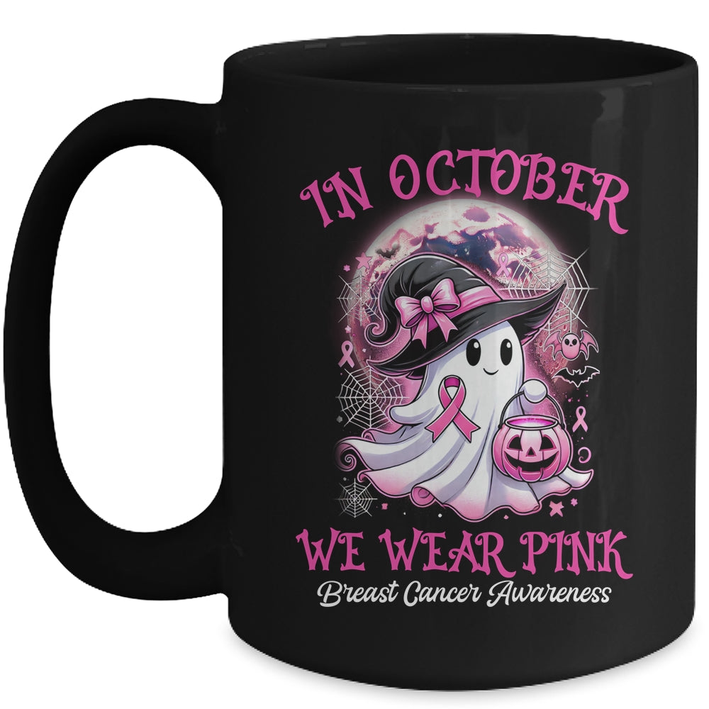 In October We Wear Pink Witch Ghost Breast Cancer Awareness Mug | teecentury