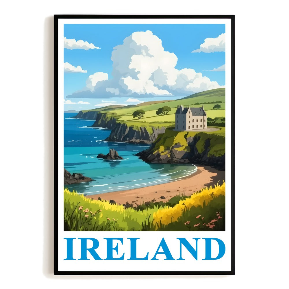 Ireland Vintage Travel Poster Iconic Coastal Cliffs Castle Landscape Wall Art Print For Irish Heritage Lovers Home Decoration Living Room Office Bedroom Decor Unframed | teecentury