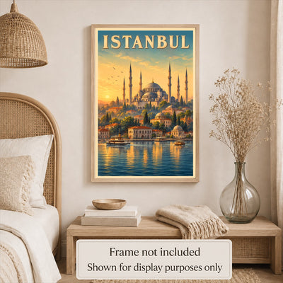 Istanbul Turkey Blue Mosque Bosphorus Sunset Vintage Travel Poster Wall Art Print Historic Ottoman Architecture European Asian City Souvenir Home Office Bedroom Unframed | teecentury
