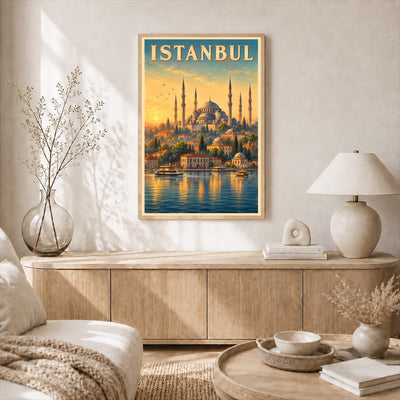 Istanbul Turkey Blue Mosque Bosphorus Sunset Vintage Travel Poster Wall Art Print Historic Ottoman Architecture European Asian City Souvenir Home Office Bedroom Unframed | teecentury
