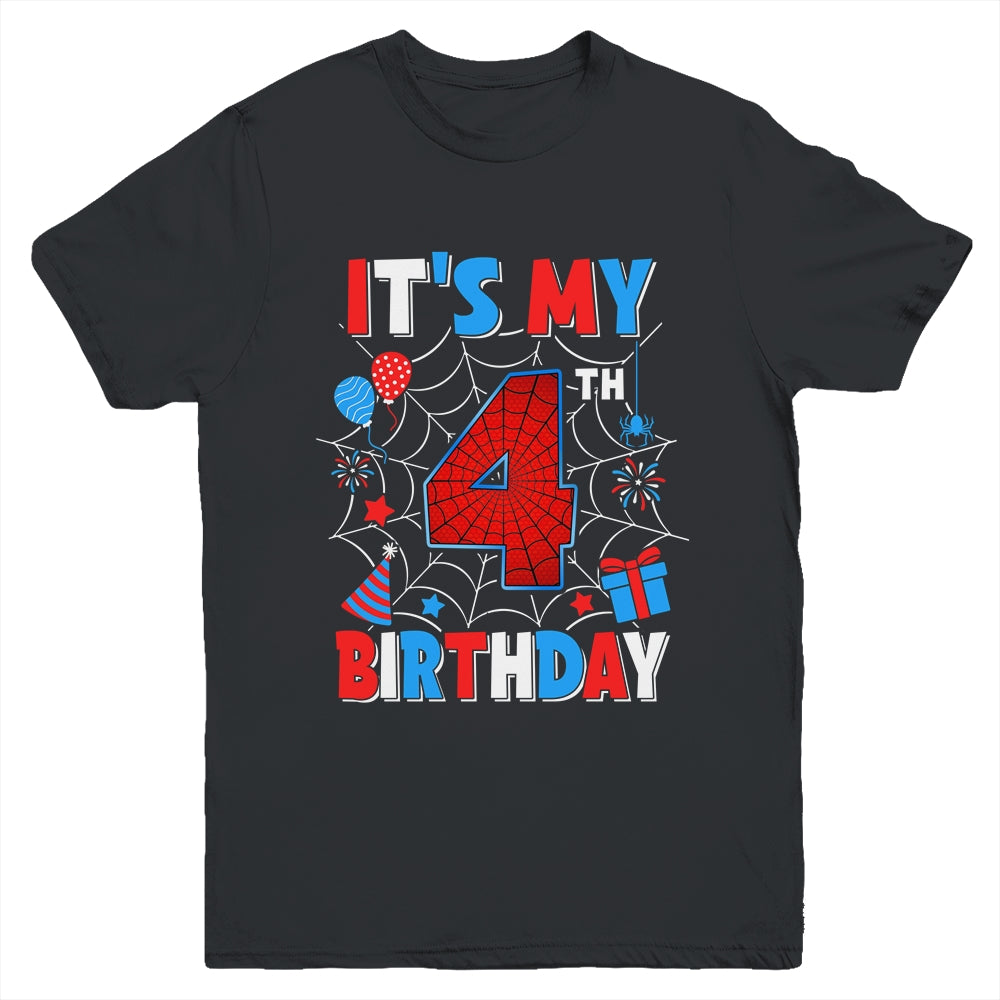 It's My 4th Birthday Spider Web Theme Party 4 Years Old Boys Youth Shirt | teecentury