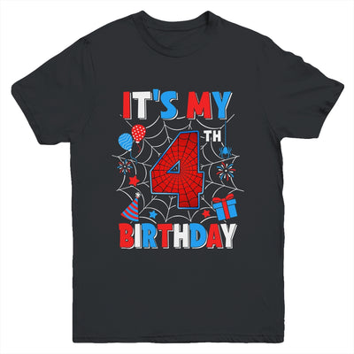 It's My 4th Birthday Spider Web Theme Party 4 Years Old Boys Youth Shirt | teecentury