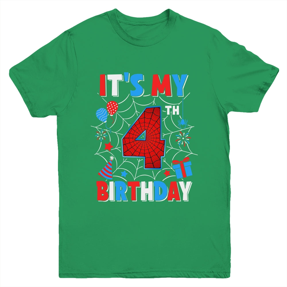 It's My 4th Birthday Spider Web Theme Party 4 Years Old Boys Youth Shirt | teecentury