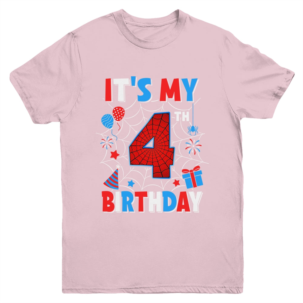 It's My 4th Birthday Spider Web Theme Party 4 Years Old Boys Youth Shirt | teecentury