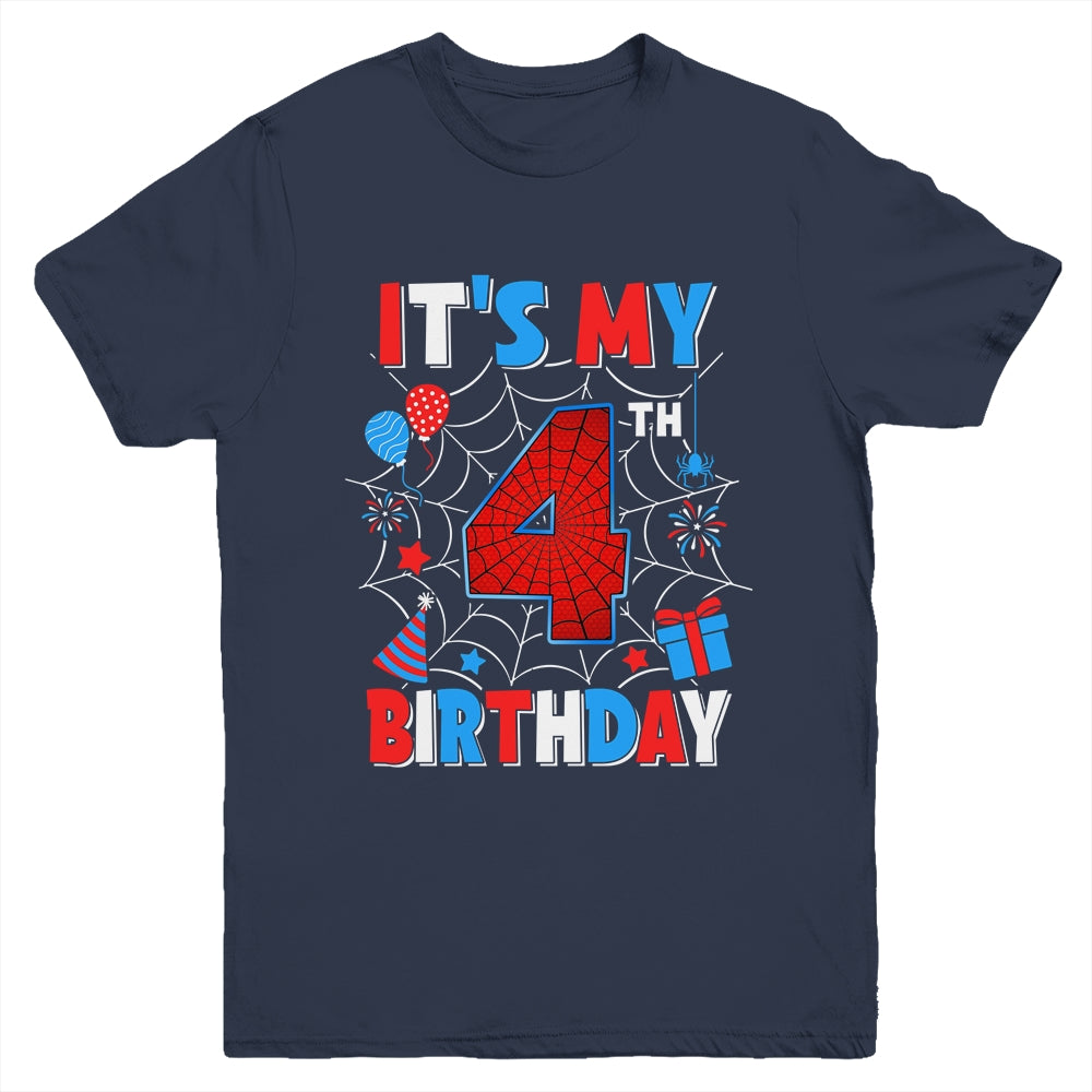 It's My 4th Birthday Spider Web Theme Party 4 Years Old Boys Youth Shirt | teecentury