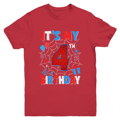 It's My 4th Birthday Spider Web Theme Party 4 Years Old Boys Youth Shirt | teecentury