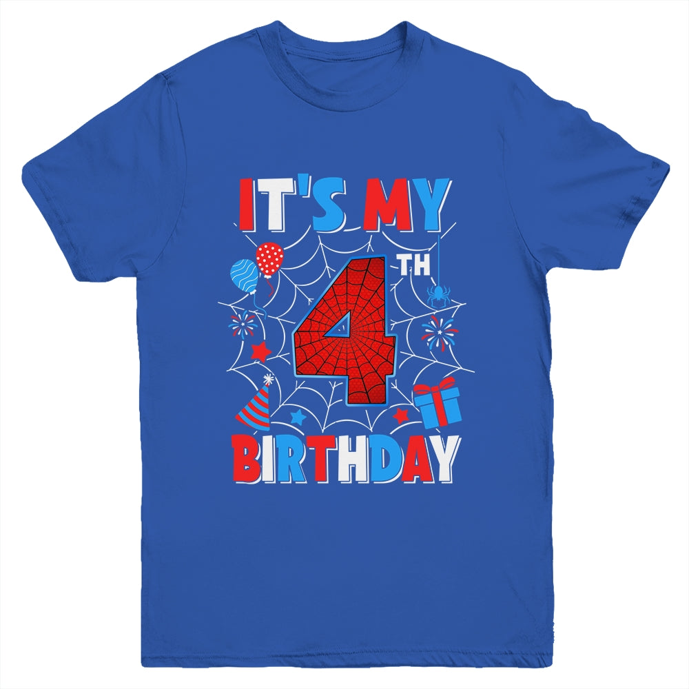 It's My 4th Birthday Spider Web Theme Party 4 Years Old Boys Youth Shirt | teecentury