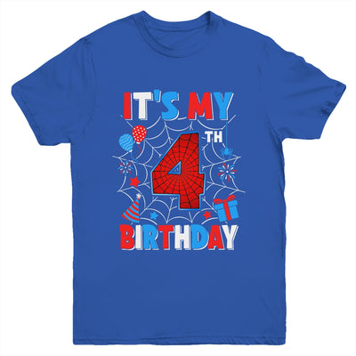 It's My 4th Birthday Spider Web Theme Party 4 Years Old Boys Youth Shirt | teecentury