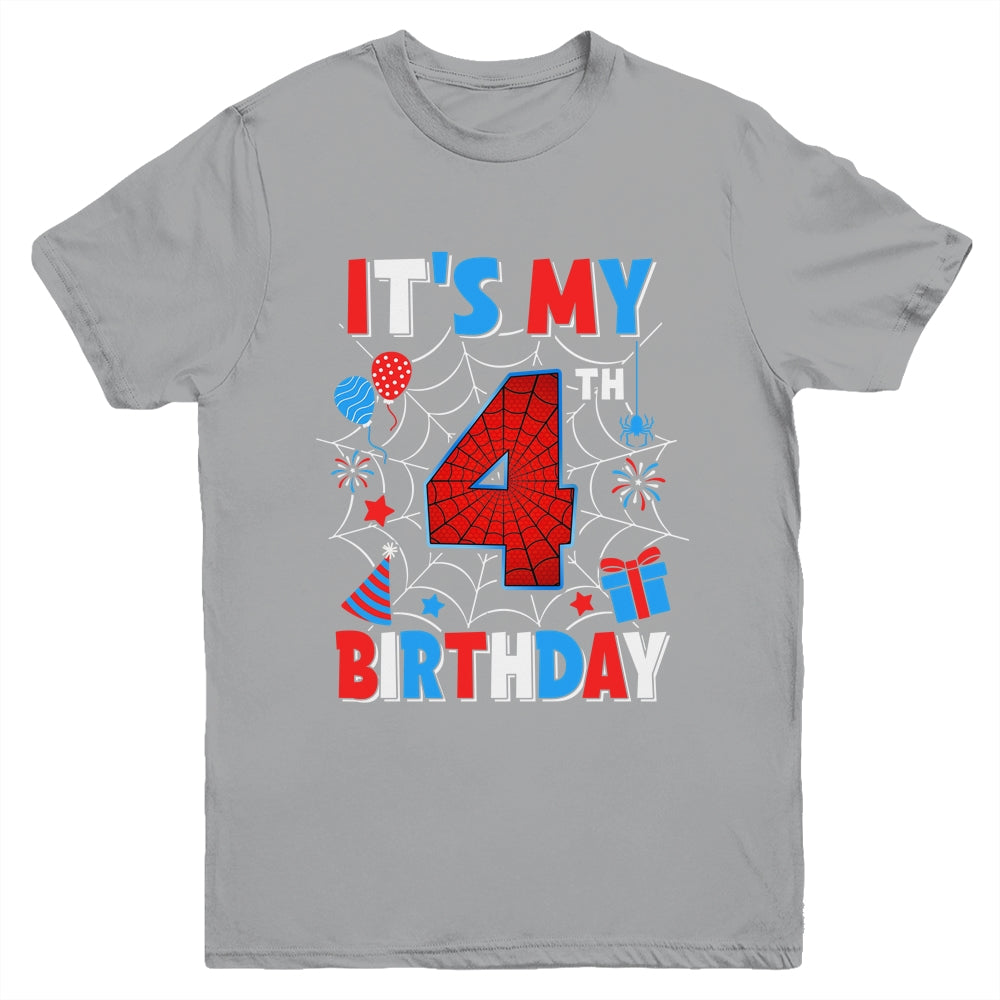 It's My 4th Birthday Spider Web Theme Party 4 Years Old Boys Youth Shirt | teecentury