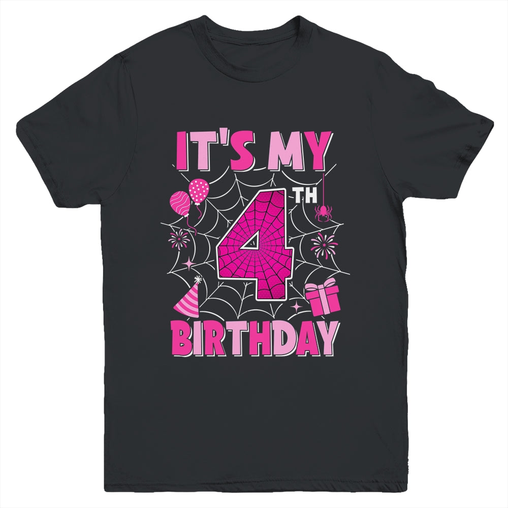 It's My 4th Birthday Spider Web Theme Party 4 Years Old Girl Youth Shirt | teecentury