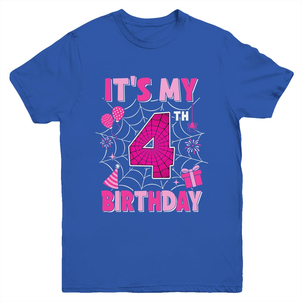 It's My 4th Birthday Spider Web Theme Party 4 Years Old Girl Youth Shirt | teecentury