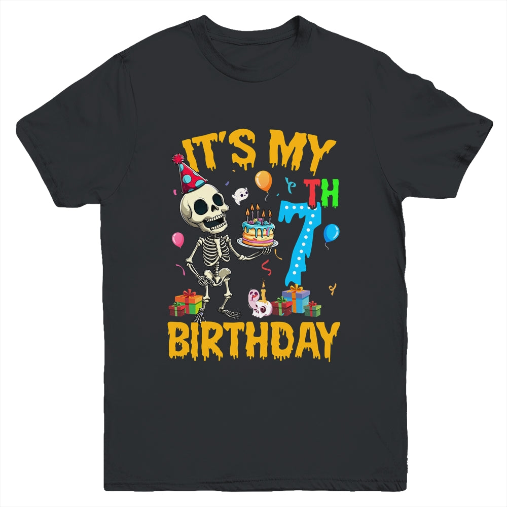 It's My 7th Birthday Party Halloween Skeleton Birthday Kids Youth Shirt | teecentury