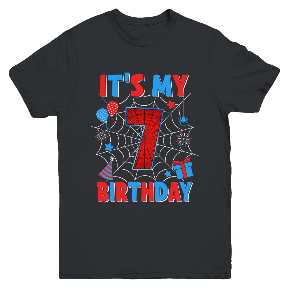 It's My 7th Birthday Spider Web Theme Party 7 Years Old Boys Youth Shirt | teecentury