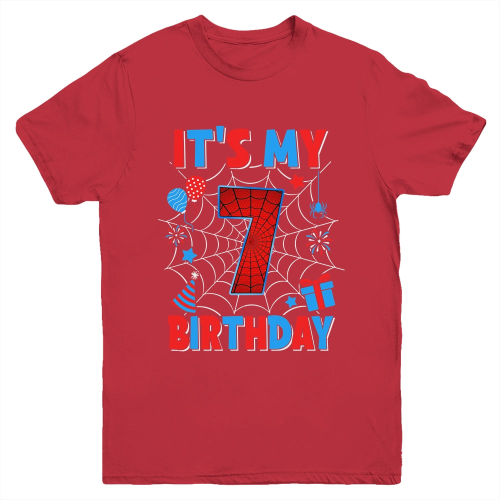 It's My 7th Birthday Spider Web Theme Party 7 Years Old Boys Youth Shirt | teecentury