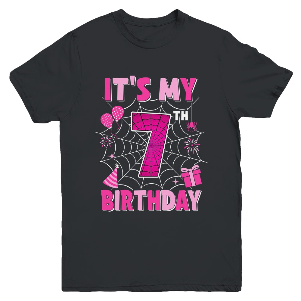 It's My 7th Birthday Spider Web Theme Party 7 Years Old Girl Youth Shirt | teecentury