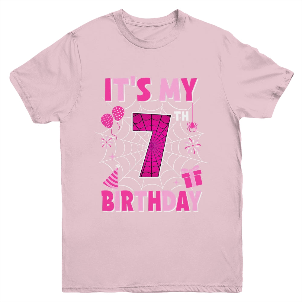 It's My 7th Birthday Spider Web Theme Party 7 Years Old Girl Youth Shirt | teecentury