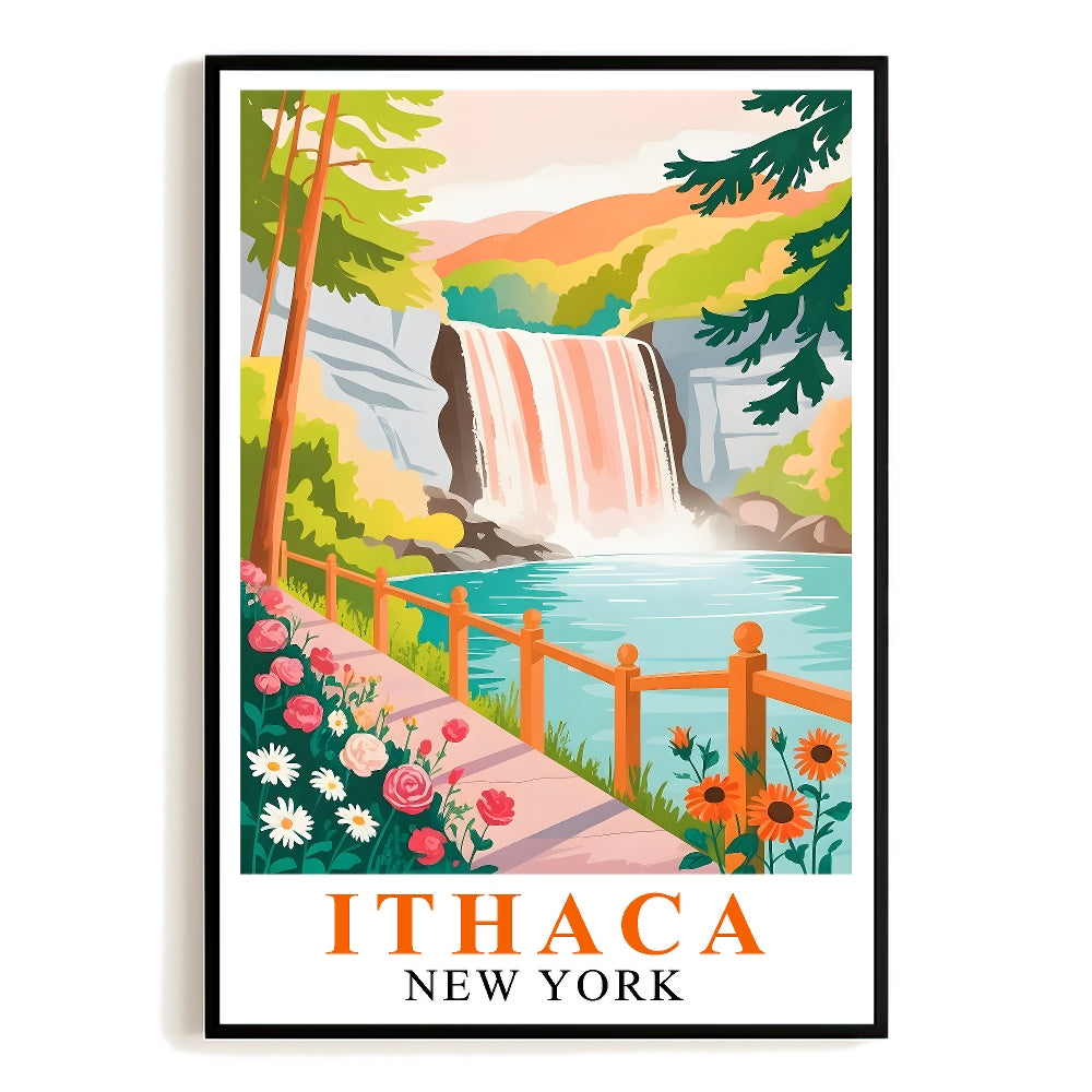 Ithaca Art Print Poster Vintage Scenic Waterfall Landmark New York Travel Souvenir Wall Art Landscape Painting Ideal For Home Living Room Office Bedroom Decor Unframed | teecentury