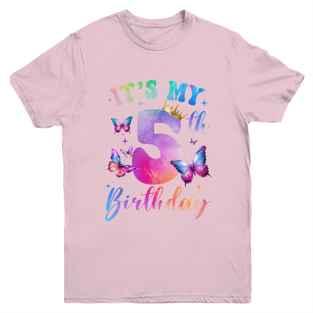Its My 5th Birthday Girls Butterfly Theme Party 5 Year Old Youth Shirt | teecentury