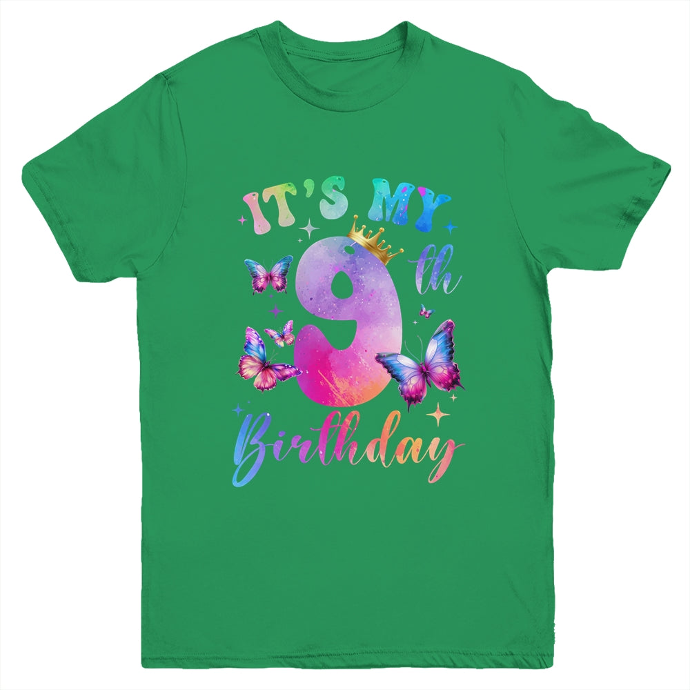 Its My 9th Birthday Girls Butterfly Theme Party 9 Year Old Youth Shirt | teecentury