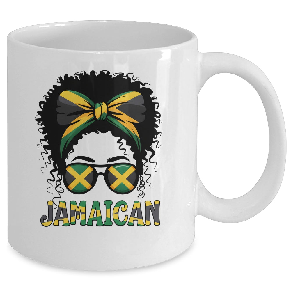 Jamaican Girl Jamaica Flag Pride Black Woman Afro Messy Bun Mug | teecentury