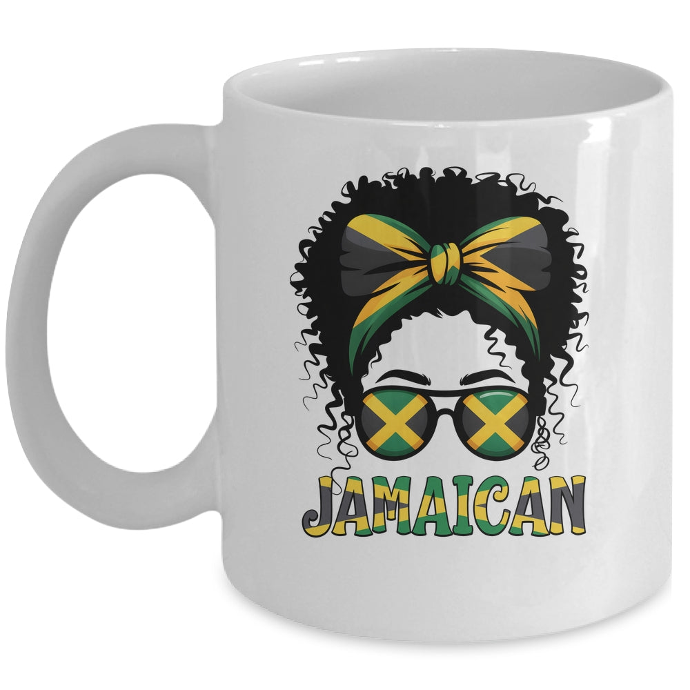 Jamaican Girl Jamaica Flag Pride Black Woman Afro Messy Bun Mug | teecentury