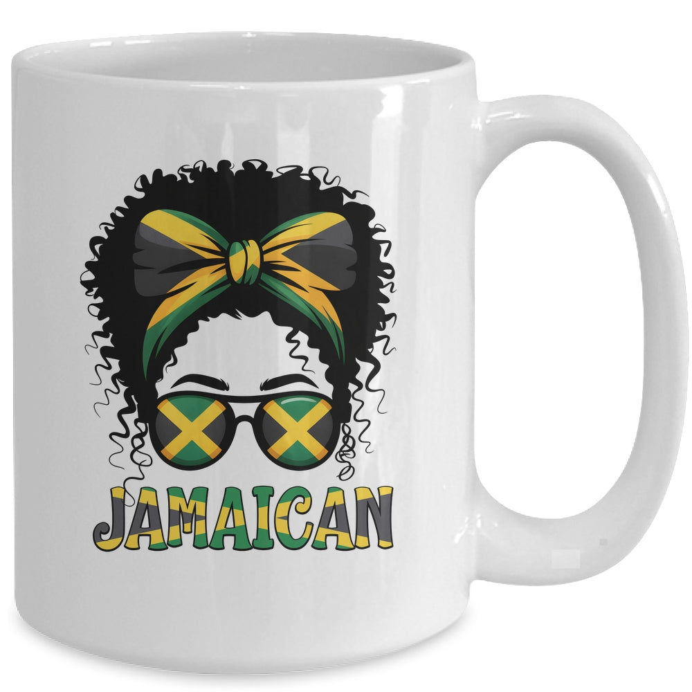 Jamaican Girl Jamaica Flag Pride Black Woman Afro Messy Bun Mug | teecentury