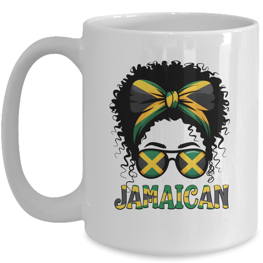 Jamaican Girl Jamaica Flag Pride Black Woman Afro Messy Bun Mug | teecentury