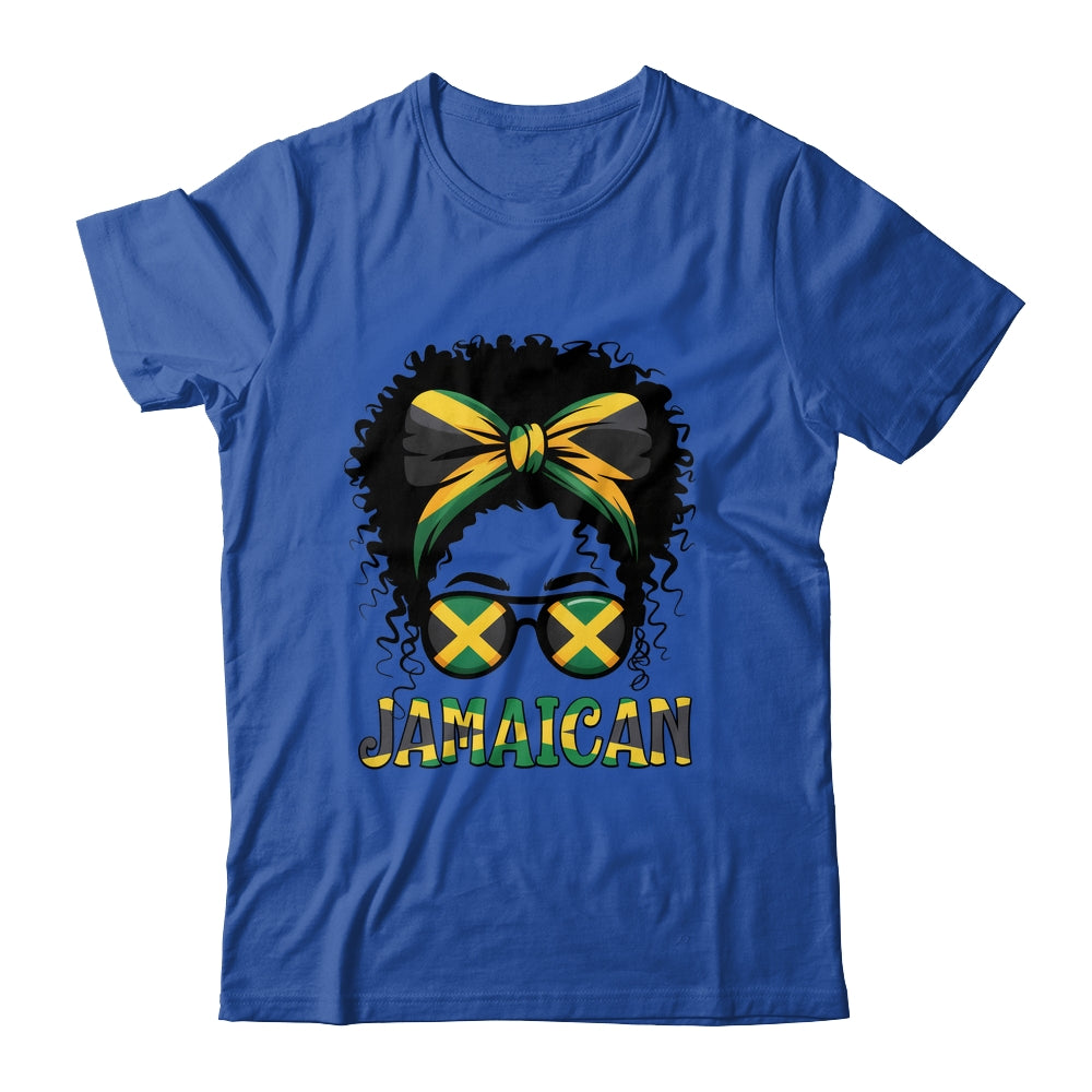 Jamaican Girl Jamaica Flag Pride Black Woman Afro Messy Bun Shirt & Tank Top | teecentury