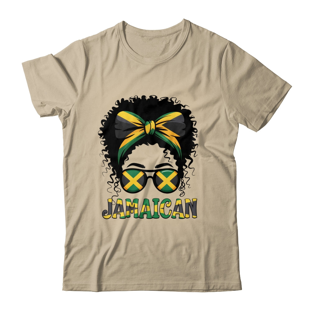 Jamaican Girl Jamaica Flag Pride Black Woman Afro Messy Bun Shirt & Tank Top | teecentury