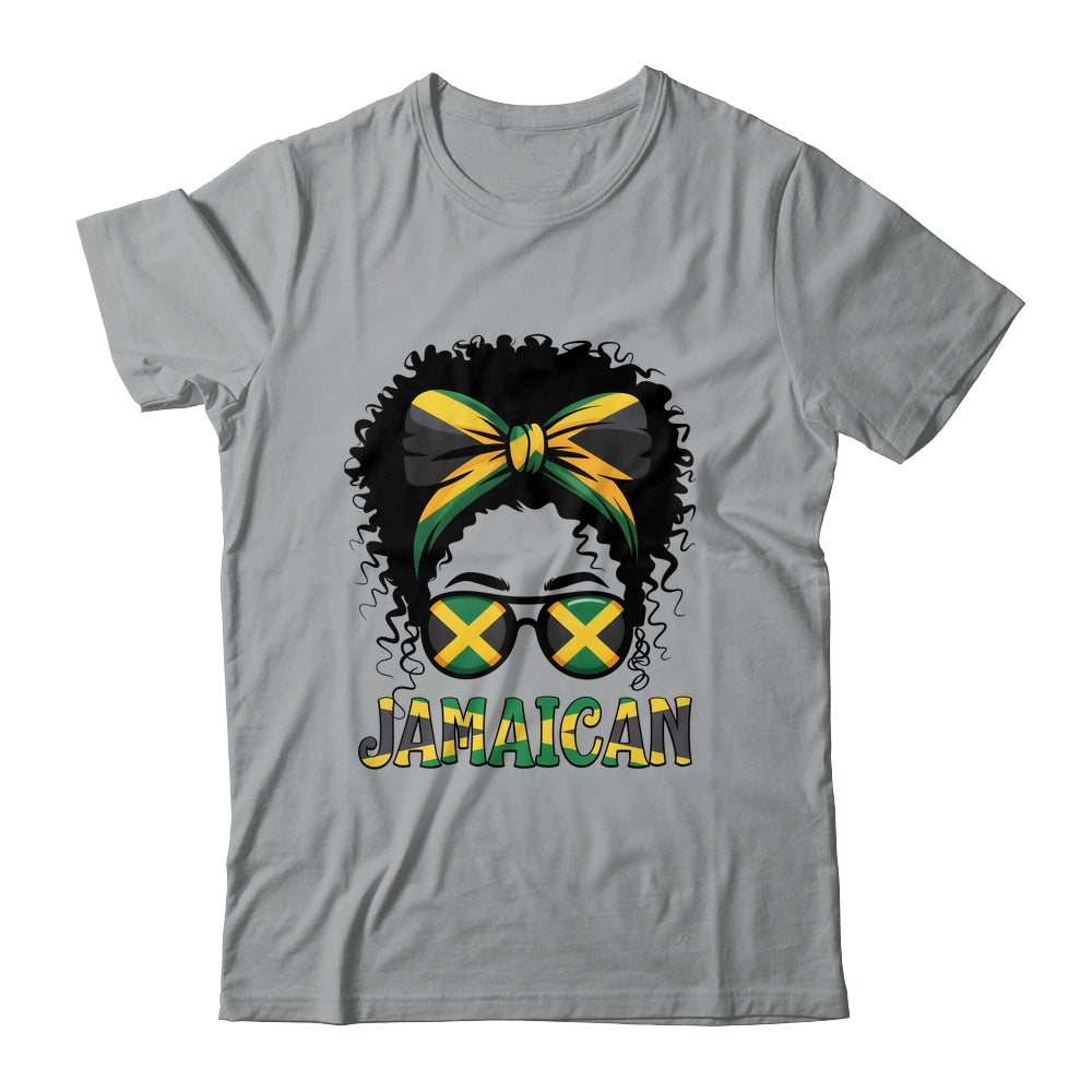 Jamaican Girl Jamaica Flag Pride Black Woman Afro Messy Bun Shirt & Tank Top | teecentury