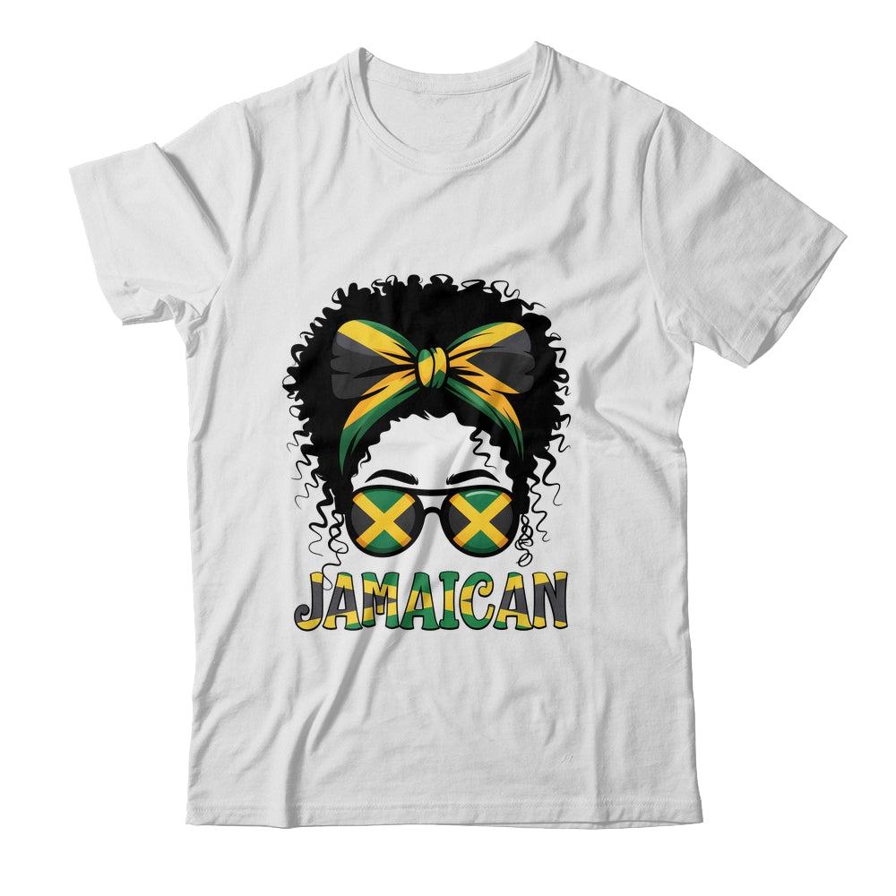 Jamaican Girl Jamaica Flag Pride Black Woman Afro Messy Bun Shirt & Tank Top | teecentury