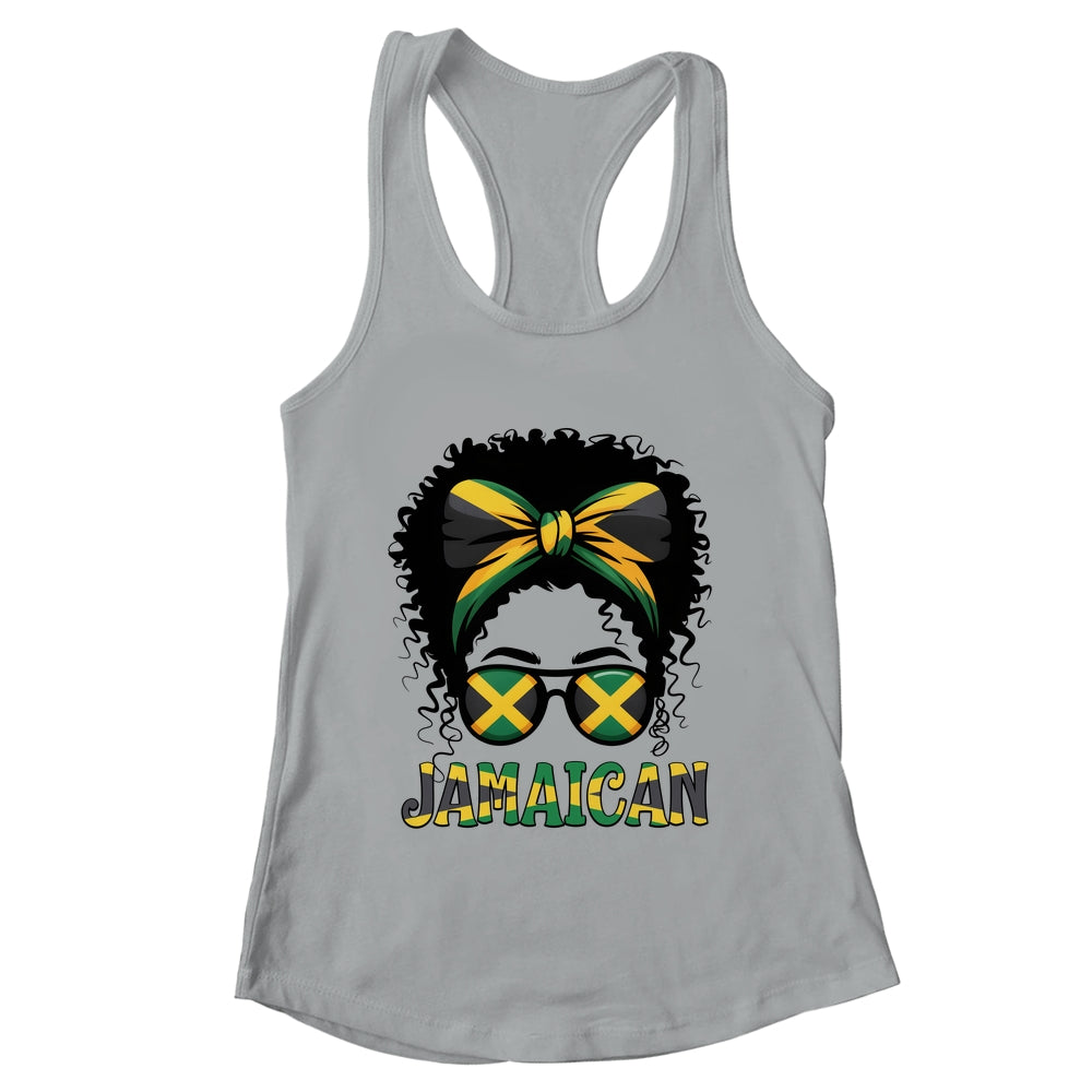 Jamaican Girl Jamaica Flag Pride Black Woman Afro Messy Bun Shirt & Tank Top | teecentury