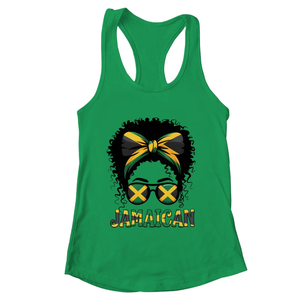 Jamaican Girl Jamaica Flag Pride Black Woman Afro Messy Bun Shirt & Tank Top | teecentury