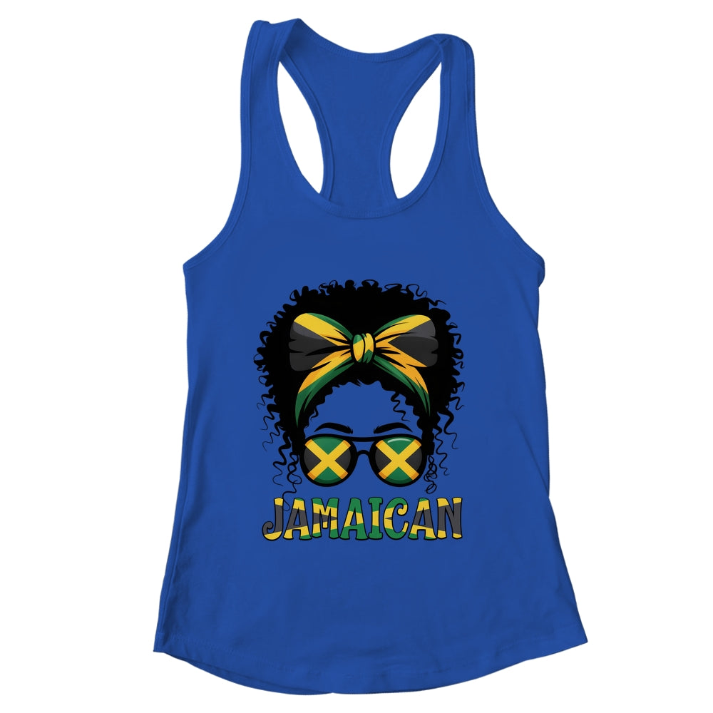 Jamaican Girl Jamaica Flag Pride Black Woman Afro Messy Bun Shirt & Tank Top | teecentury