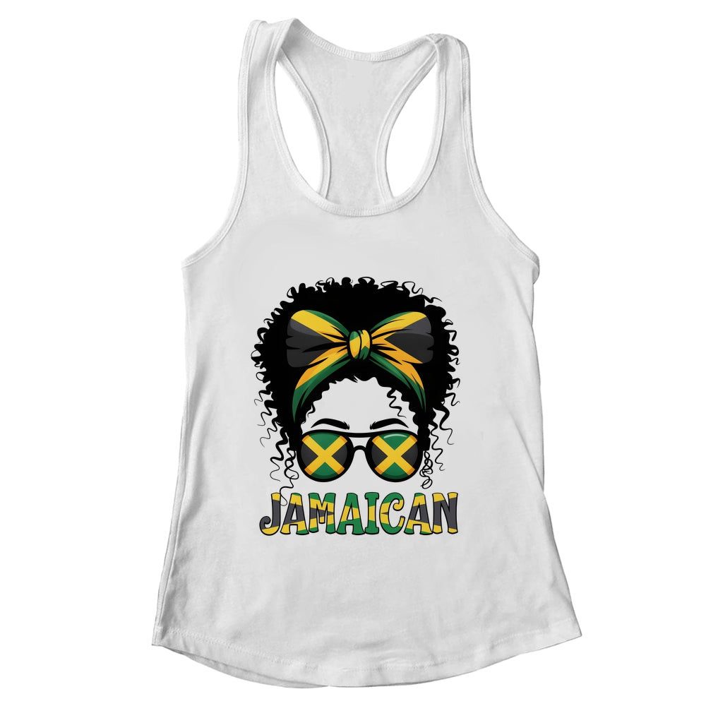 Jamaican Girl Jamaica Flag Pride Black Woman Afro Messy Bun Shirt & Tank Top | teecentury
