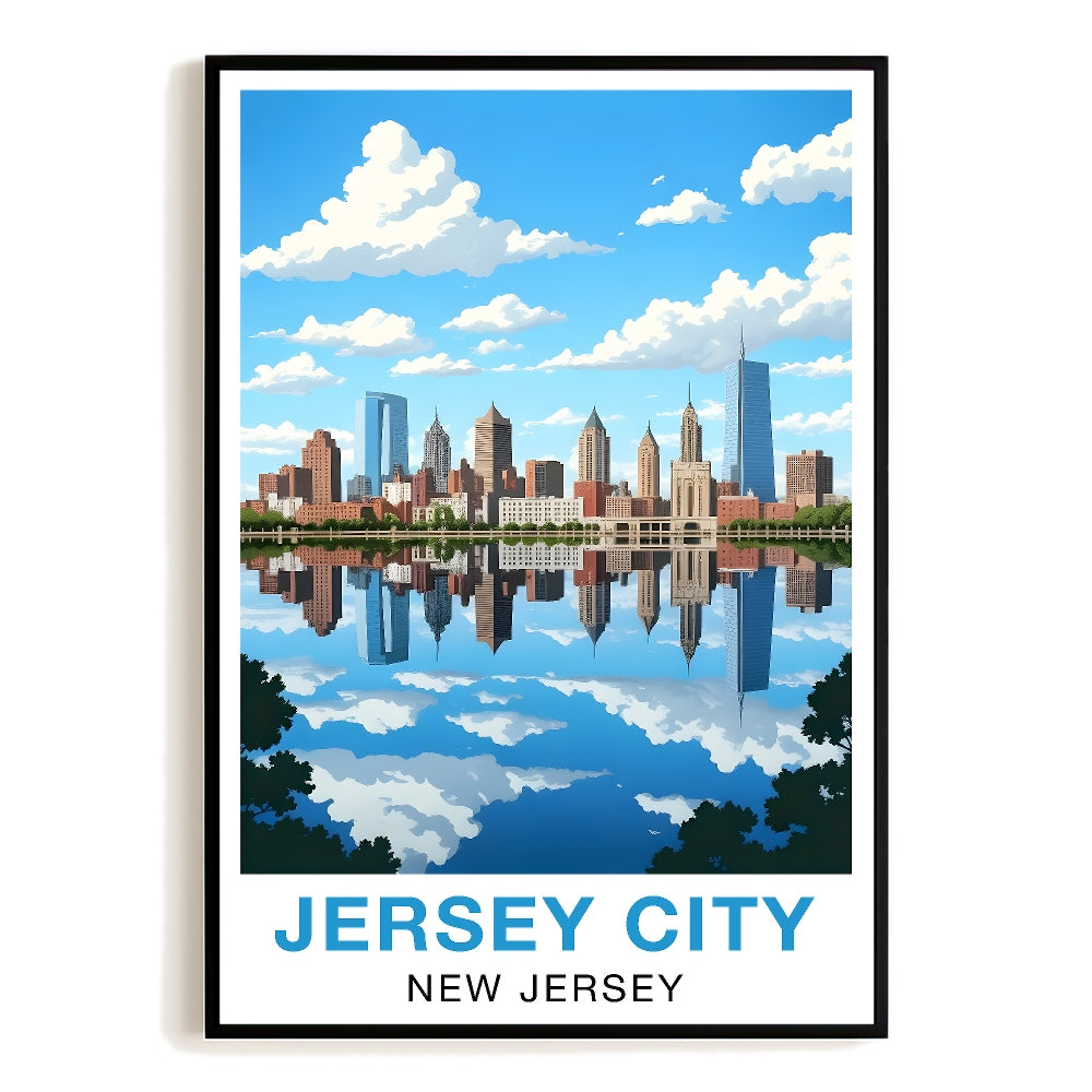 Jersey City New Jersey Travel Poster Skyline Water Reflection Souvenir Wall Art Landscape Print Painting Picture For Home Living Room Office Bedroom Decor Unframed | teecentury