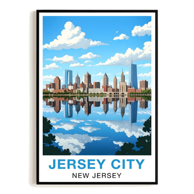 Jersey City New Jersey Travel Poster Skyline Water Reflection Souvenir Wall Art Landscape Print Painting Picture For Home Living Room Office Bedroom Decor Unframed | teecentury
