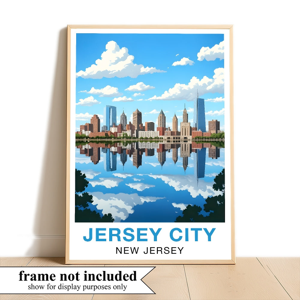 Jersey City New Jersey Travel Poster Skyline Water Reflection Souvenir Wall Art Landscape Print Painting Picture For Home Living Room Office Bedroom Decor Unframed | teecentury