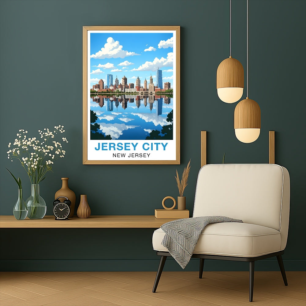 Jersey City New Jersey Travel Poster Skyline Water Reflection Souvenir Wall Art Landscape Print Painting Picture For Home Living Room Office Bedroom Decor Unframed | teecentury
