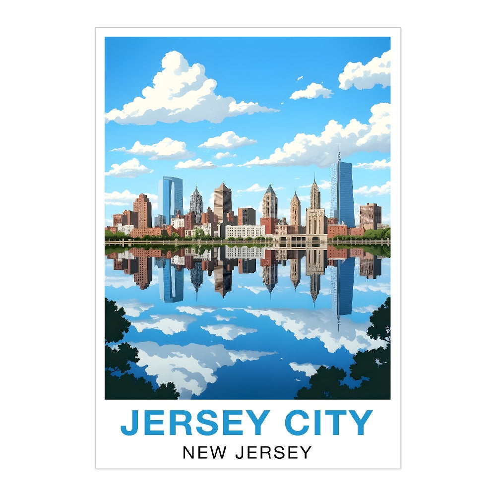 Jersey City New Jersey Travel Poster Skyline Water Reflection Souvenir Wall Art Landscape Print Painting Picture For Home Living Room Office Bedroom Decor Unframed | teecentury