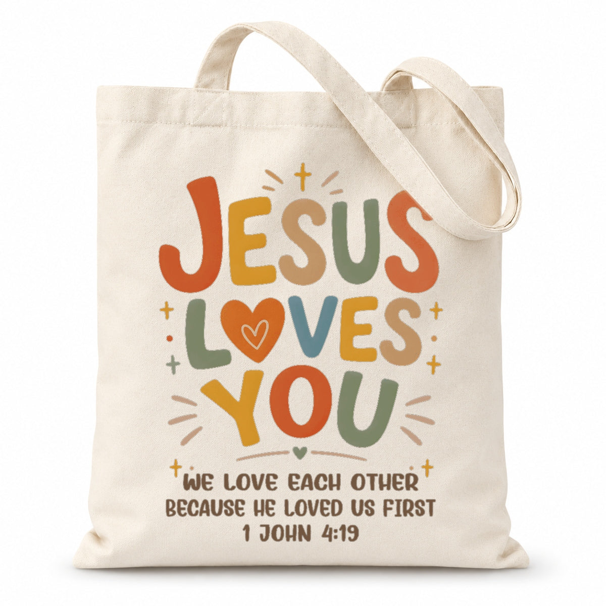Jesus Loves You Christian Tote Bag For Women Bible Verse Canvas Bag Church Gift Religious Inspirational John 4 19 Faith Tote Bags Grocery Shopping Beach Churchgoers | teecentury
