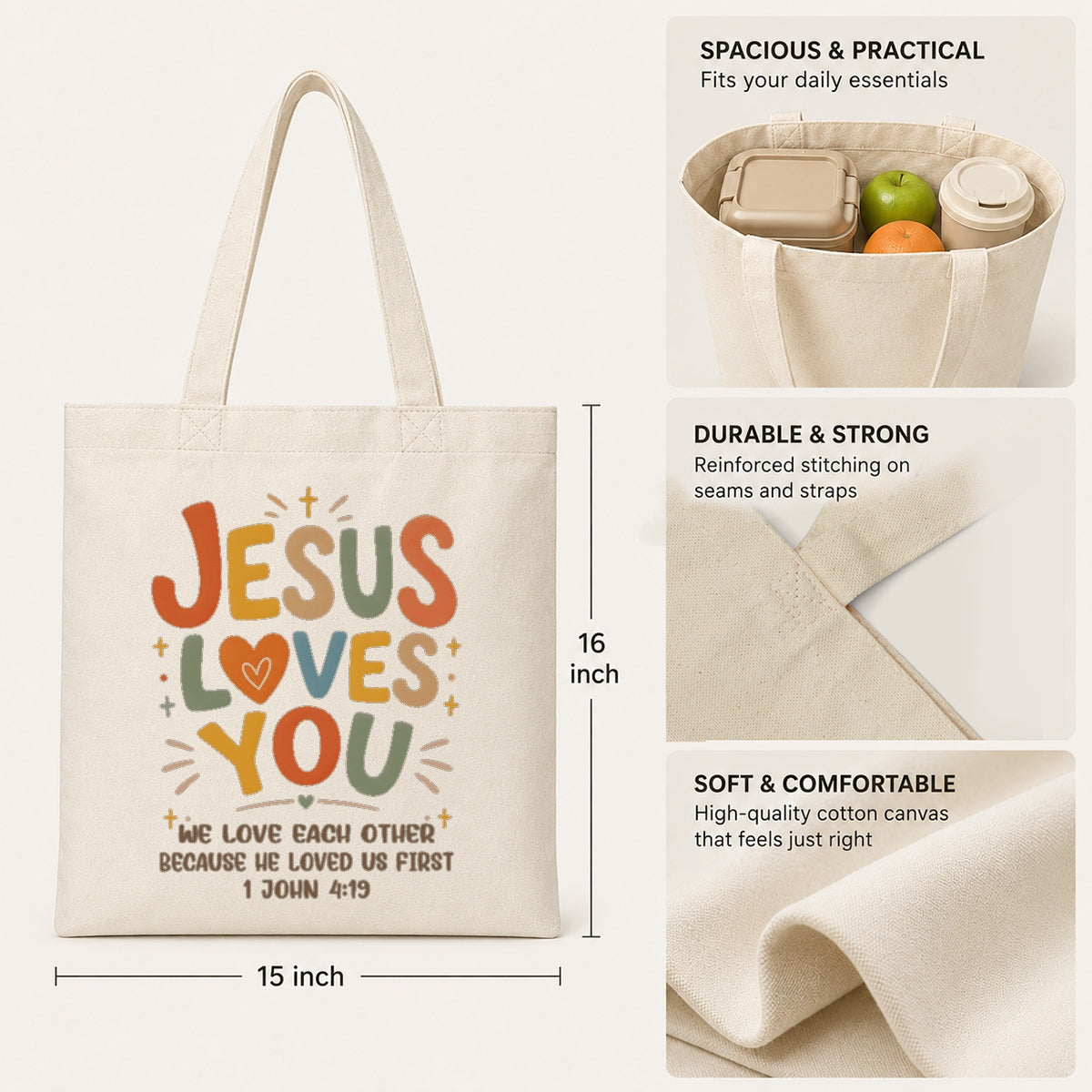 Jesus Loves You Christian Tote Bag For Women Bible Verse Canvas Bag Church Gift Religious Inspirational John 4 19 Faith Tote Bags Grocery Shopping Beach Churchgoers | teecentury